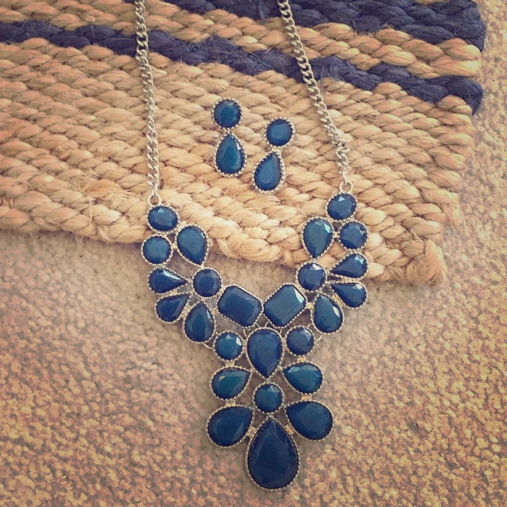 Blue Jewel Cocktail Necklace and Earrings Set